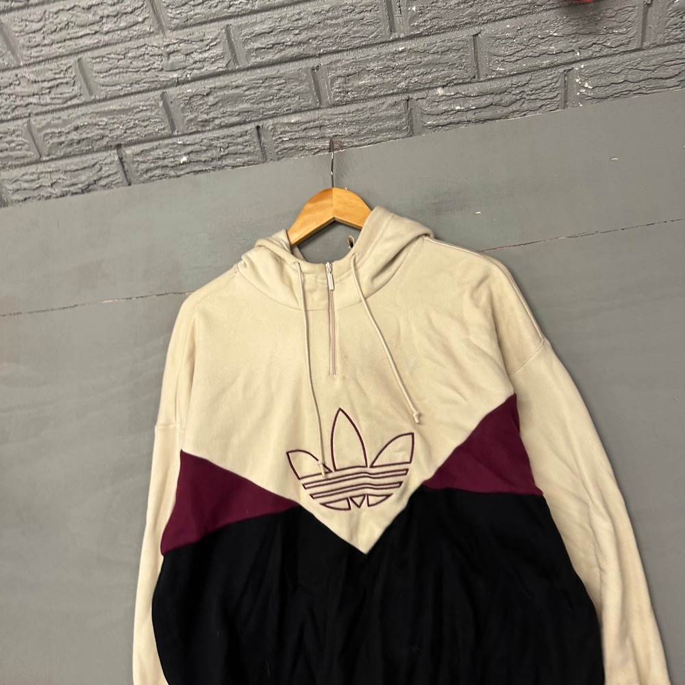 Adidas Originals Womens Quarter Zip Hoodie Colorblock Trefoil Cream Burgundy‎ L